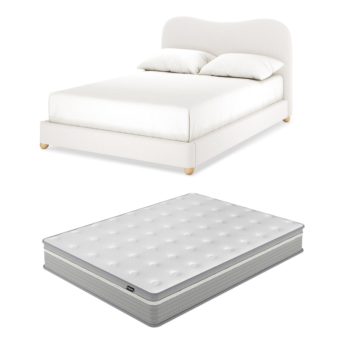 Ginnie Boucle Bed & Oriona Mattress - Double Cream features a plush curved headboard and elegant bouclé fabric, paired with a supportive cool gel pocket spring mattress on a white bed setting.