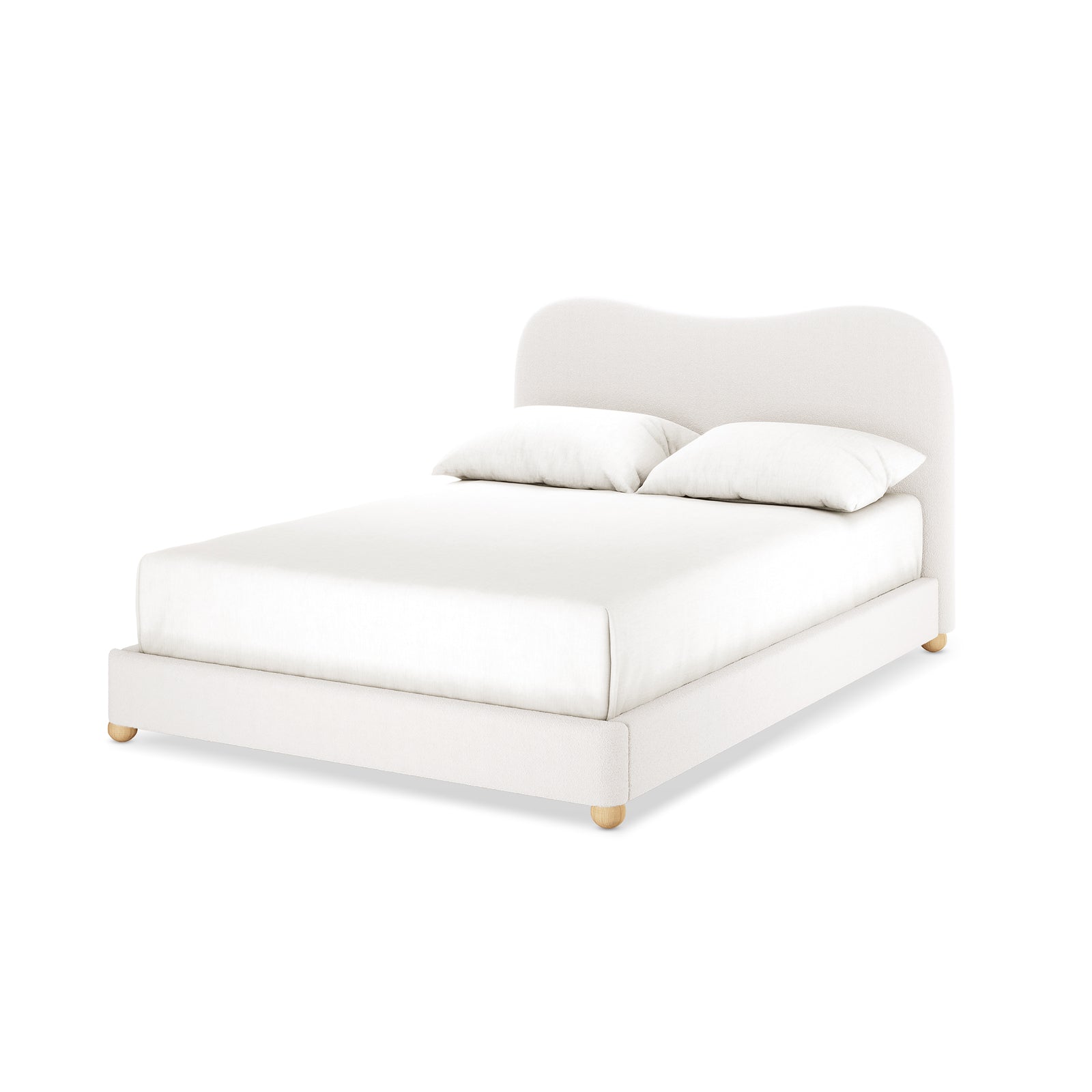 Ginnie Boucle Bed & Oriona Mattress - Double Cream displayed with a plush, curved headboard and elegant white pillow, showcasing luxurious bouclé fabric and modern design.