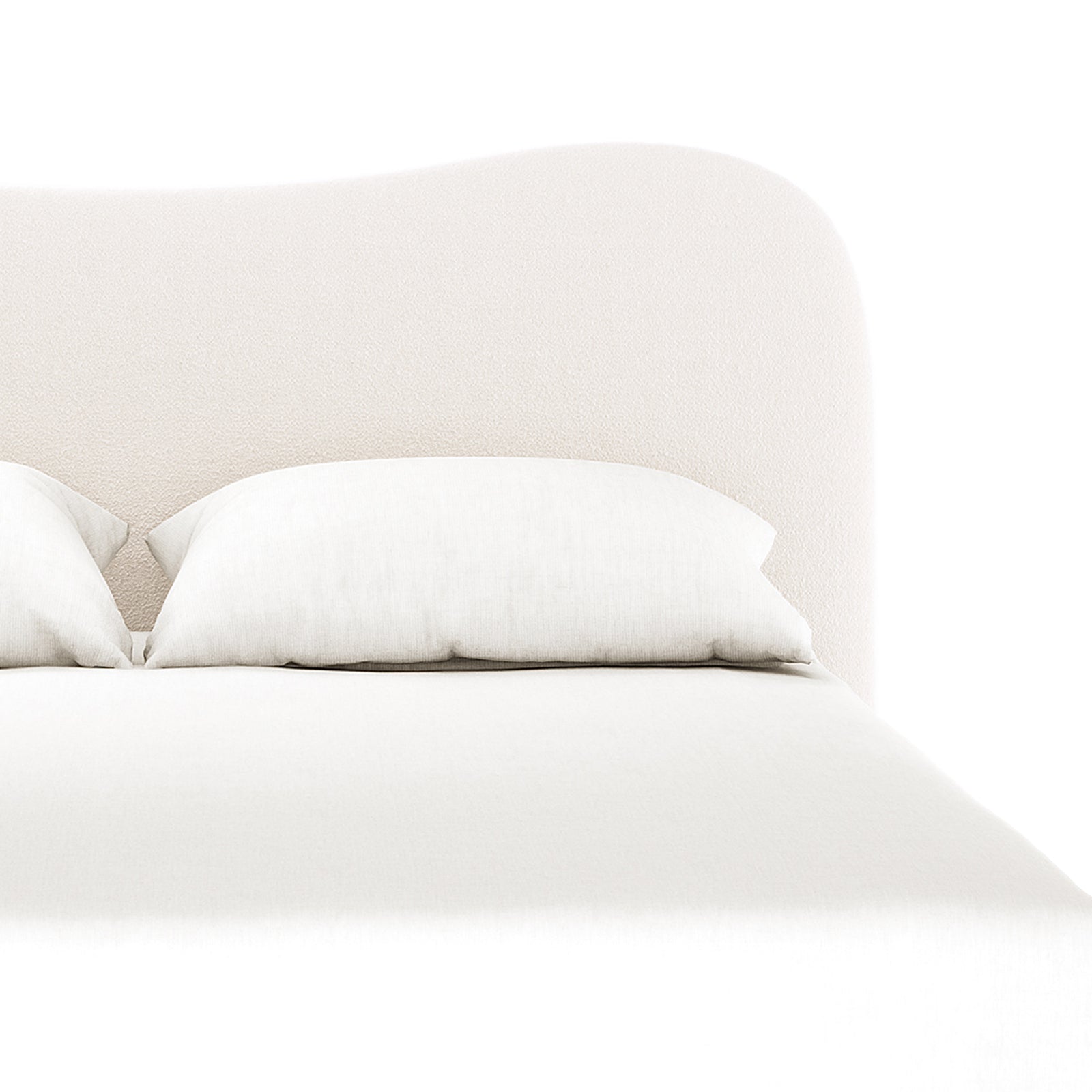 Ginnie Boucle Bed & Oriona Mattress - Double Cream, featuring a plush curved headboard and luxurious bouclé fabric, displayed with accompanying white pillow and sheet for a cozy, sophisticated bedroom setting.