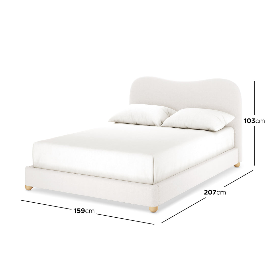 Ginnie Boucle Bed & Oriona Mattress - Double Cream, featuring a plush curved headboard and luxurious bouclé fabric, elegantly complements a cozy bedroom setting with its stylish and modern design.