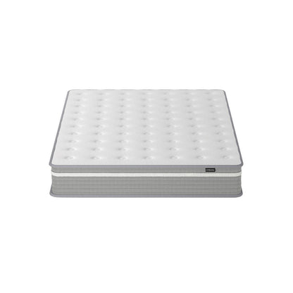Ginnie Boucle Bed & Oriona Mattress - Double Cream features a plush, curved headboard with bouclé fabric, alongside a supportive mattress with cool gel memory foam and pocket springs for ultimate comfort.