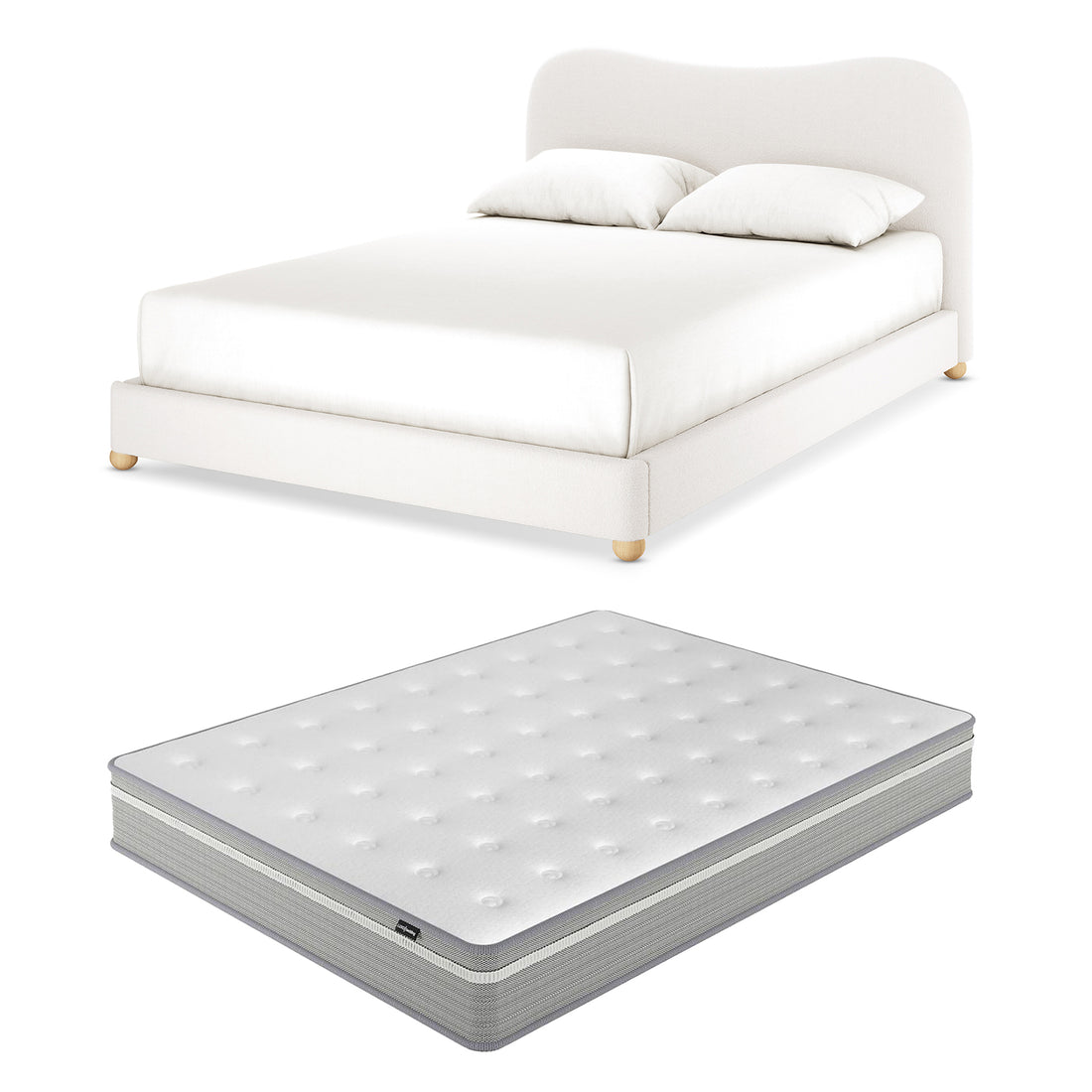 Ginnie Boucle Bed & Oriona Mattress - Queen Cream features a plush curved headboard and elegant bouclé fabric, paired with a 25cm cool gel memory foam mattress for stylish comfort and restful sleep.