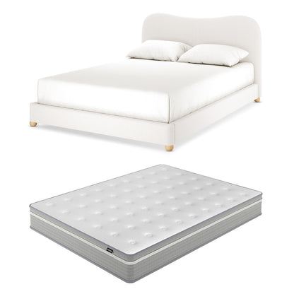 Ginnie Boucle Bed & Oriona Mattress - Queen Cream features a plush curved headboard and elegant bouclé fabric, paired with a 25cm cool gel memory foam mattress for stylish comfort and restful sleep.