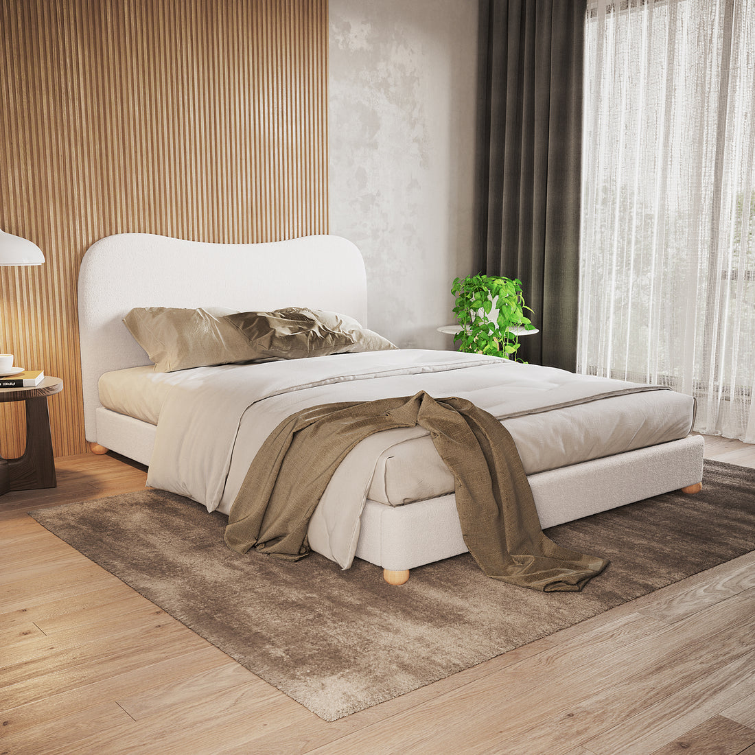 Ginnie Boucle Bed & Oriona Mattress - Queen Cream shown in a minimalist bedroom setting, featuring a curved headboard and elegant bouclé fabric, emphasizing comfort and modern design.