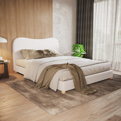 Ginnie Boucle Bed & Oriona Mattress - Queen Cream shown in a minimalist bedroom setting, featuring a curved headboard and elegant bouclé fabric, emphasizing comfort and modern design.