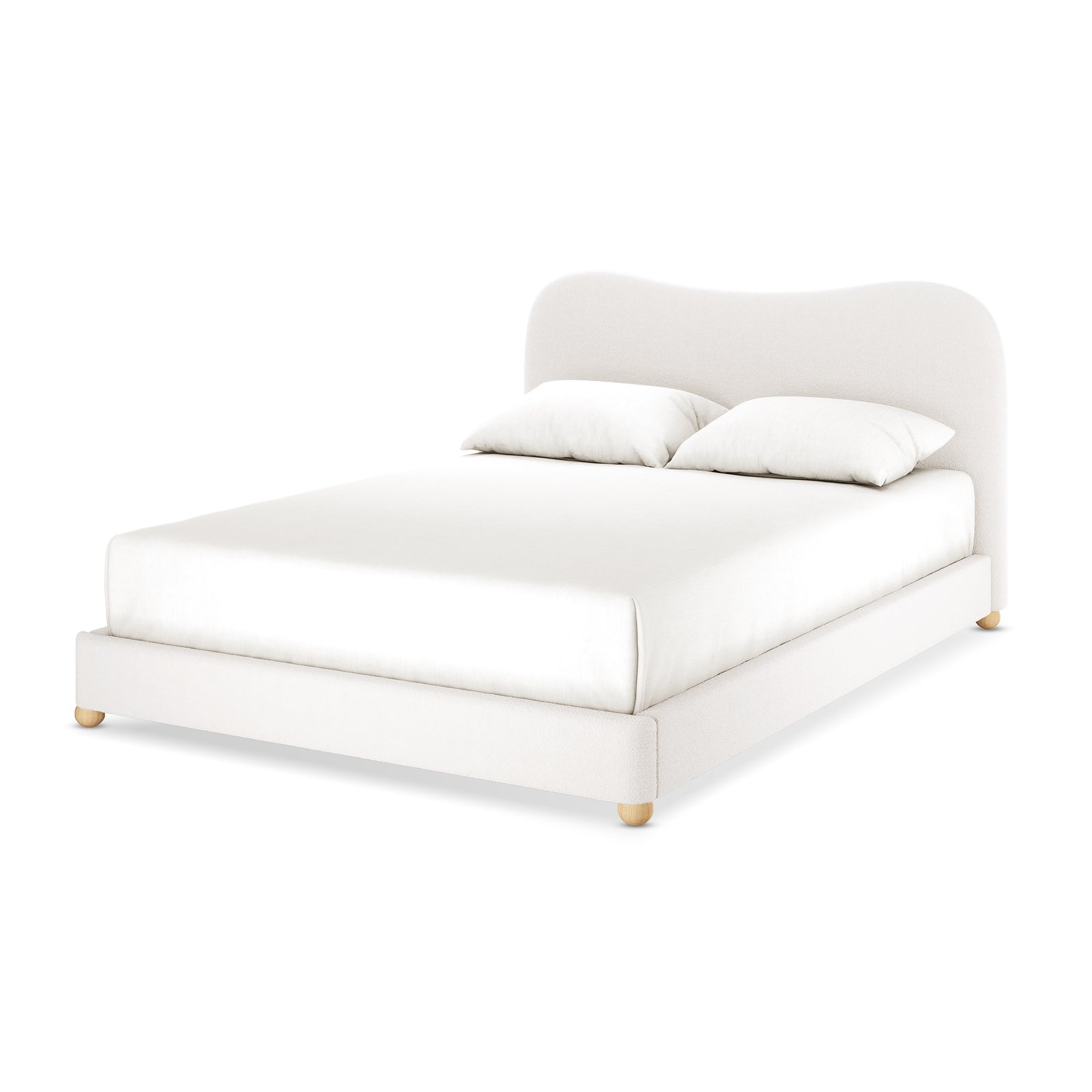 Ginnie Boucle Bed & Oriona Mattress - Queen Cream, featuring a plush curved headboard and a thick mattress designed for comfort, shown in a serene bedroom setting highlighting its modern elegance.