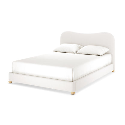 Ginnie Boucle Bed & Oriona Mattress - Queen Cream, featuring a plush curved headboard and a thick mattress designed for comfort, shown in a serene bedroom setting highlighting its modern elegance.
