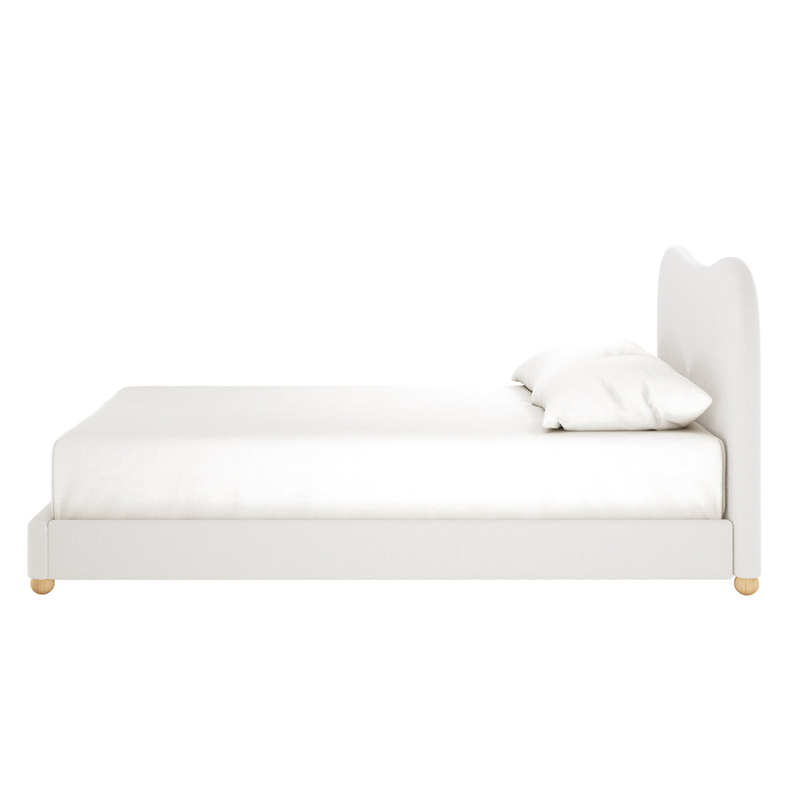 Ginnie Boucle Bed & Oriona Mattress - Queen Cream shown with a plush curved headboard and thick mattress, illustrating a stylish, comfortable setup on a neatly made bed with white pillows.