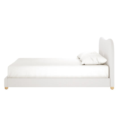 Ginnie Boucle Bed & Oriona Mattress - Queen Cream shown with a plush curved headboard and thick mattress, illustrating a stylish, comfortable setup on a neatly made bed with white pillows.