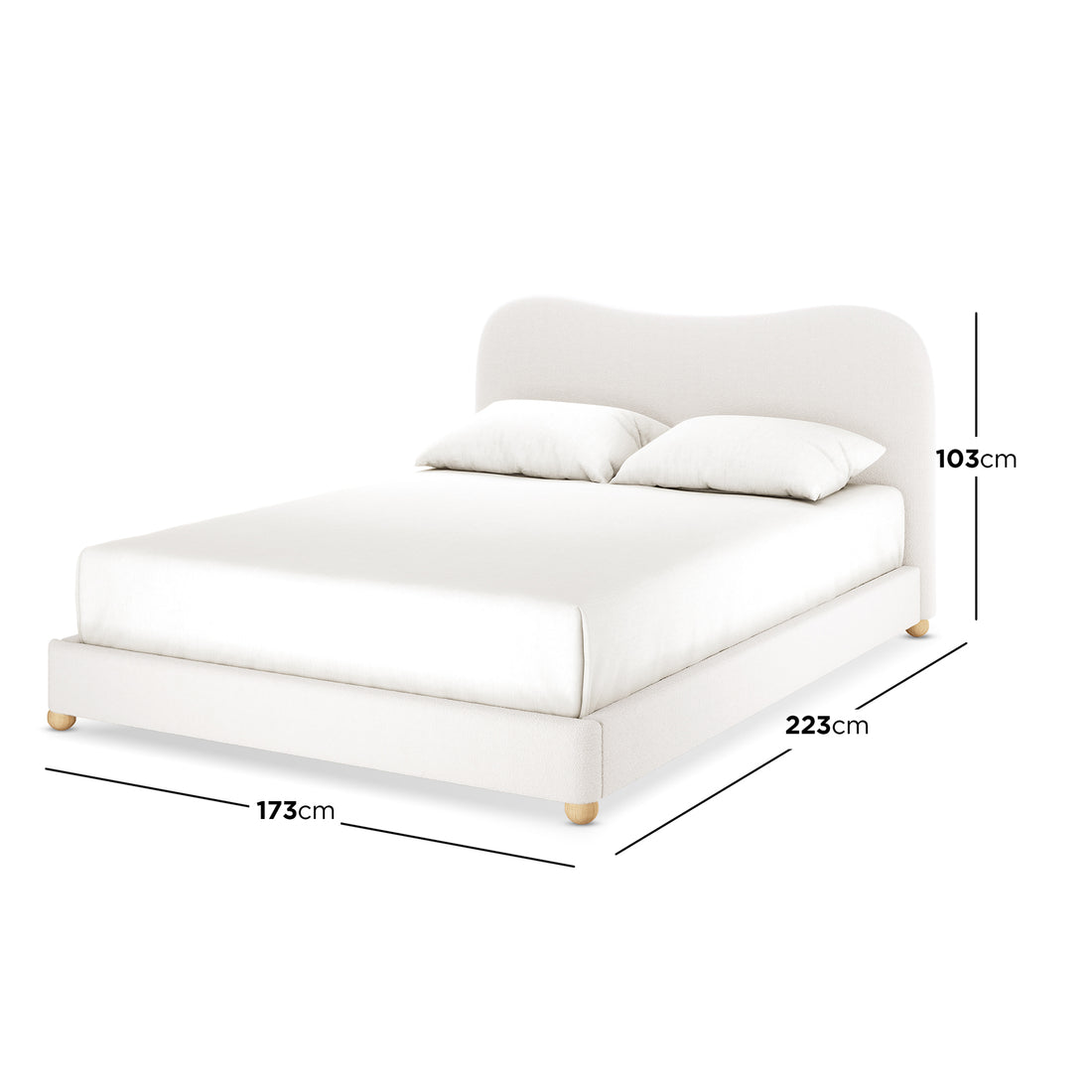 Ginnie Boucle Bed & Oriona Mattress - Queen Cream, featuring a plush curved headboard and elegant bouclé fabric on a sturdy timber frame, complemented by the Oriona cool gel pocket spring mattress.