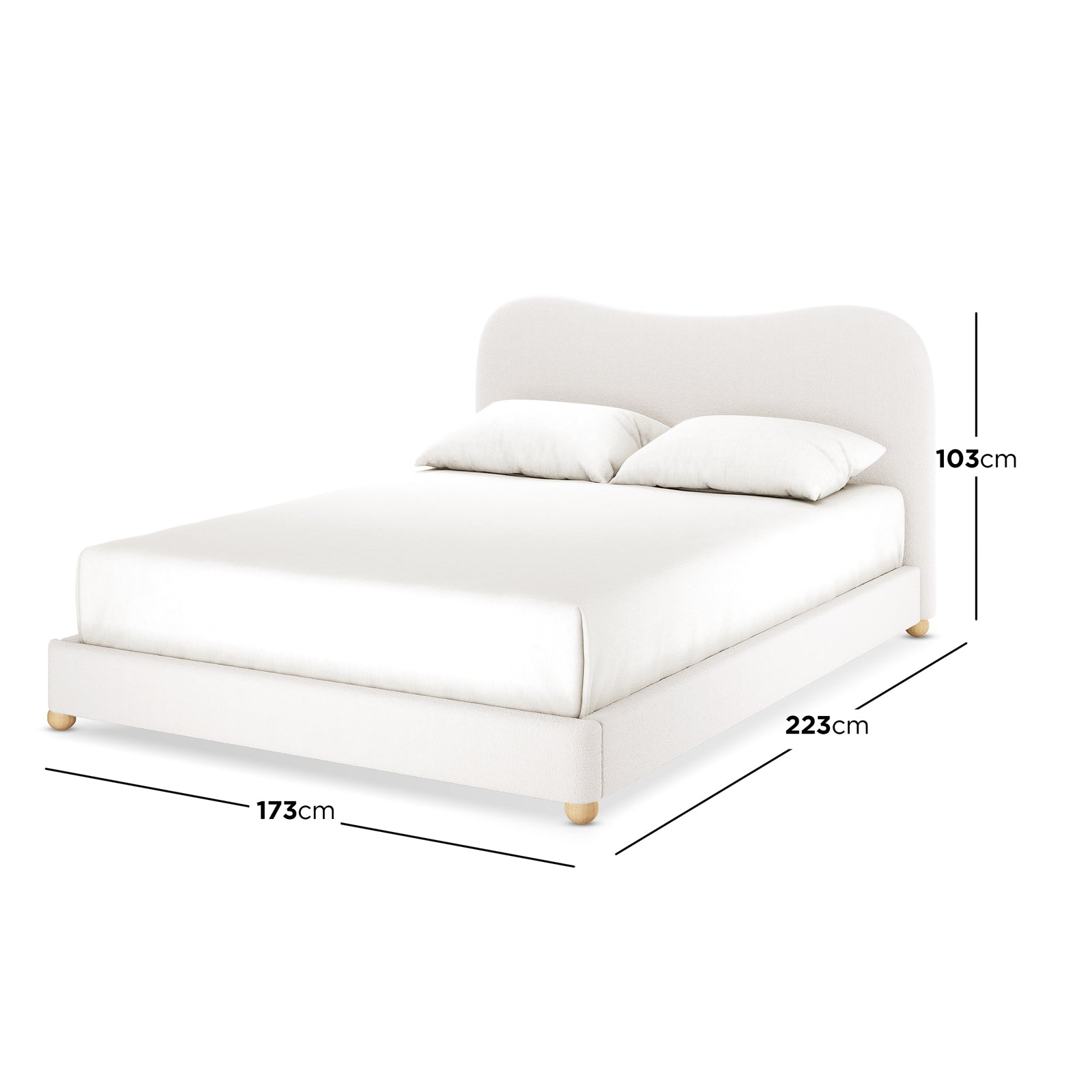 Ginnie Boucle Bed & Oriona Mattress - Queen Cream, featuring a plush curved headboard and elegant bouclé fabric on a sturdy timber frame, complemented by the Oriona cool gel pocket spring mattress.
