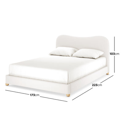 Ginnie Boucle Bed & Oriona Mattress - Queen Cream, featuring a plush curved headboard and elegant bouclé fabric on a sturdy timber frame, complemented by the Oriona cool gel pocket spring mattress.