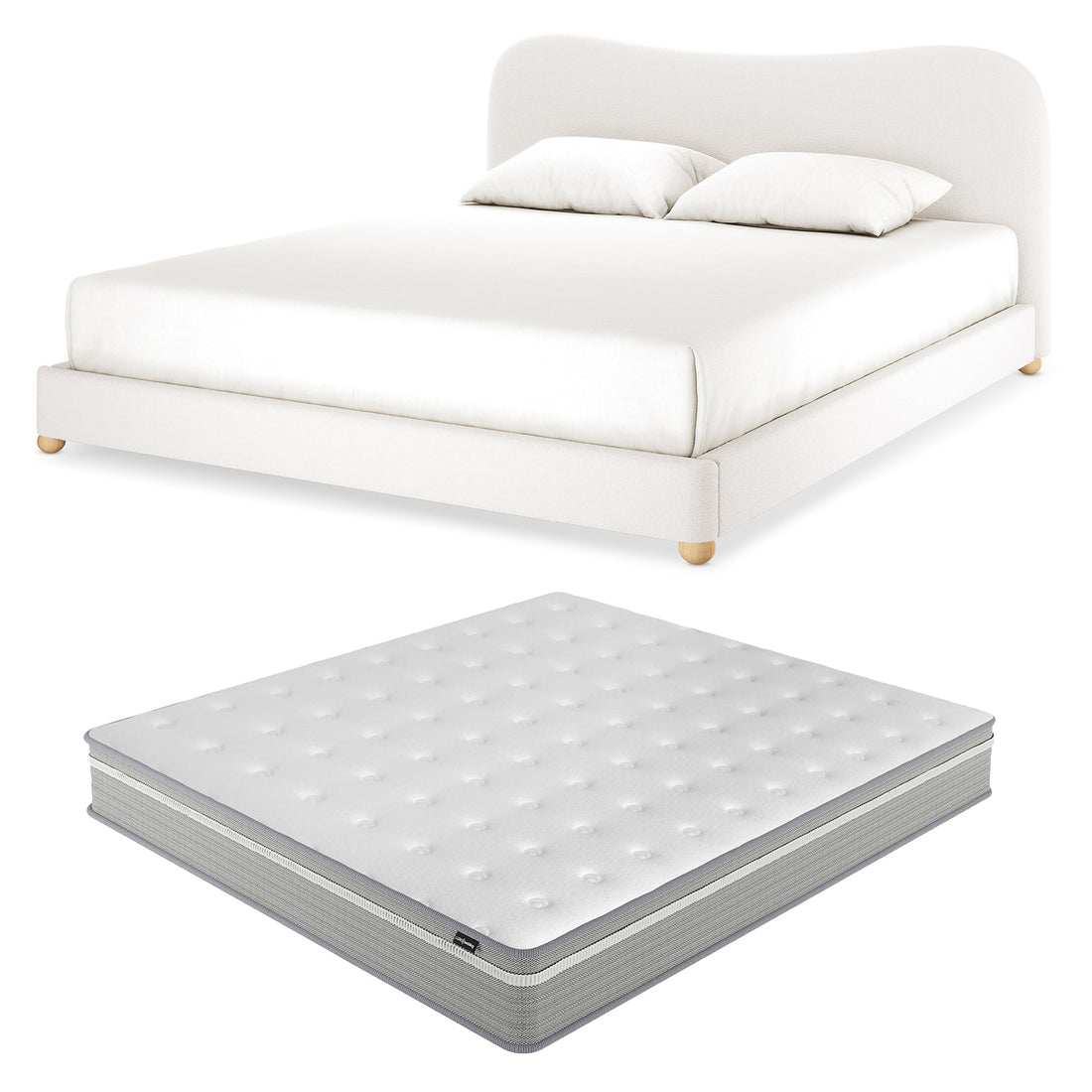 Ginnie Boucle Bed & Oriona Mattress - King Cream; features a plush, curved headboard and luxurious bouclé fabric with a medium-firm, pocket spring mattress visible on a neatly made bed.