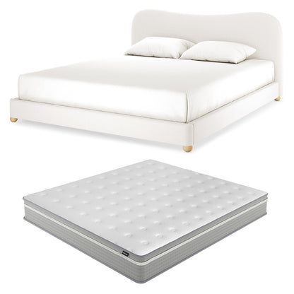 Ginnie Boucle Bed & Oriona Mattress - King Cream; features a plush, curved headboard and luxurious bouclé fabric with a medium-firm, pocket spring mattress visible on a neatly made bed.