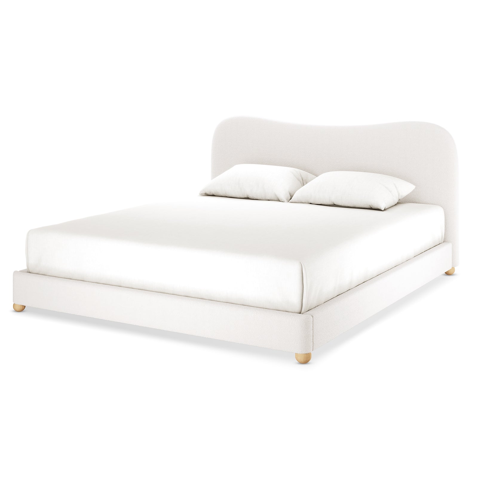 Ginnie Boucle Bed & Oriona Mattress - King Cream; showcases a plush, curved headboard and sleek, low base, paired with a thick, supportive mattress, epitomizing modern luxury and comfort.