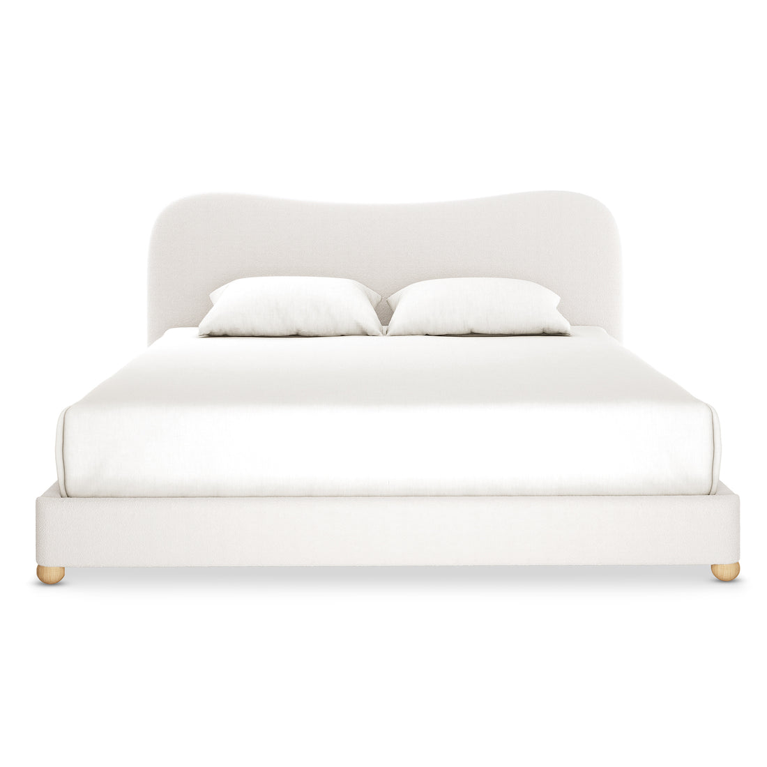 Ginnie Boucle Bed & Oriona Mattress - King Cream features a plush, curved bouclé headboard and a supportive cool gel mattress, showcasing modern elegance and comfort in a cohesive bedroom setup.