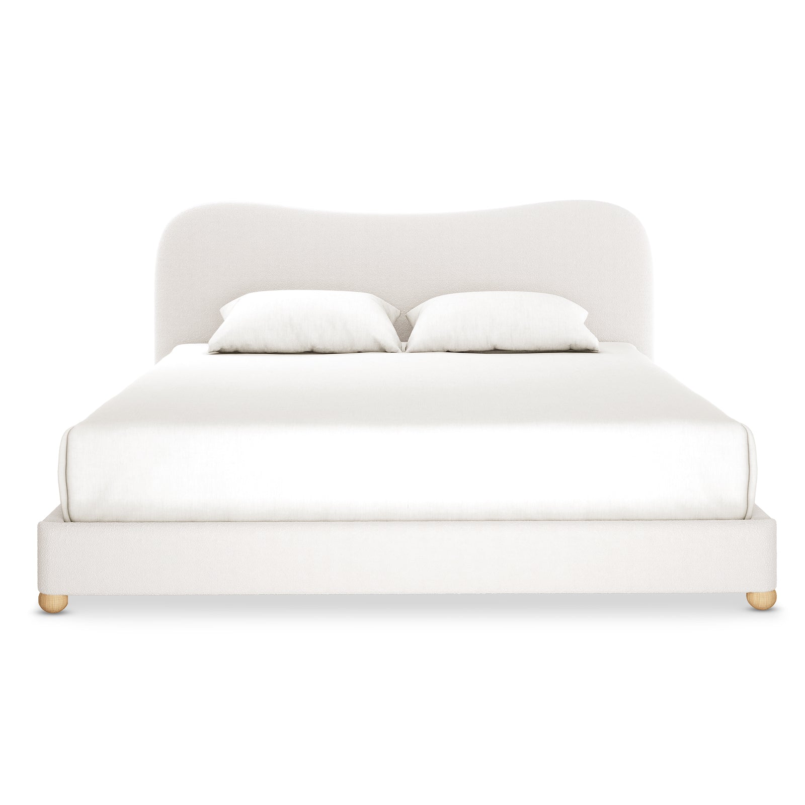 Ginnie Boucle Bed & Oriona Mattress - King Cream features a plush, curved bouclé headboard and a supportive cool gel mattress, showcasing modern elegance and comfort in a cohesive bedroom setup.