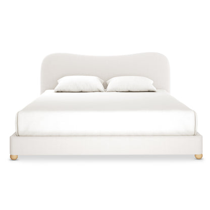 Ginnie Boucle Bed & Oriona Mattress - King Cream features a plush, curved bouclé headboard and a supportive cool gel mattress, showcasing modern elegance and comfort in a cohesive bedroom setup.