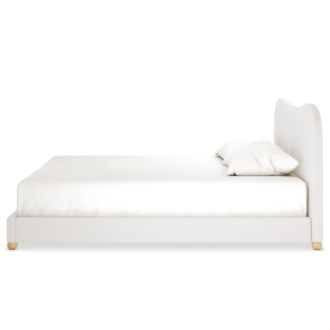 Ginnie Boucle Bed & Oriona Mattress - King Cream features a plush curved headboard and soft bouclé fabric, complemented by a sleek, minimalist design. Paired with a supportive 25cm Cool Gel Pocket Spring Mattress.