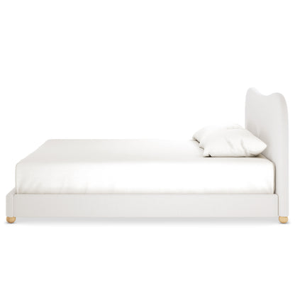 Ginnie Boucle Bed & Oriona Mattress - King Cream features a plush curved headboard and soft bouclé fabric, complemented by a sleek, minimalist design. Paired with a supportive 25cm Cool Gel Pocket Spring Mattress.
