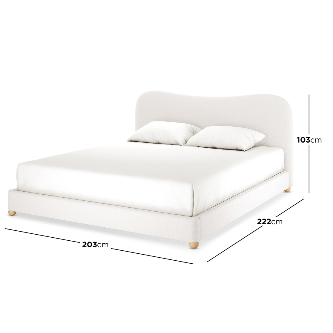 Ginnie Bouclé Bed & Oriona Mattress - King Cream features a plush curved headboard and luxurious texture, showcasing a close-up of the white pillow on the cream bed frame.