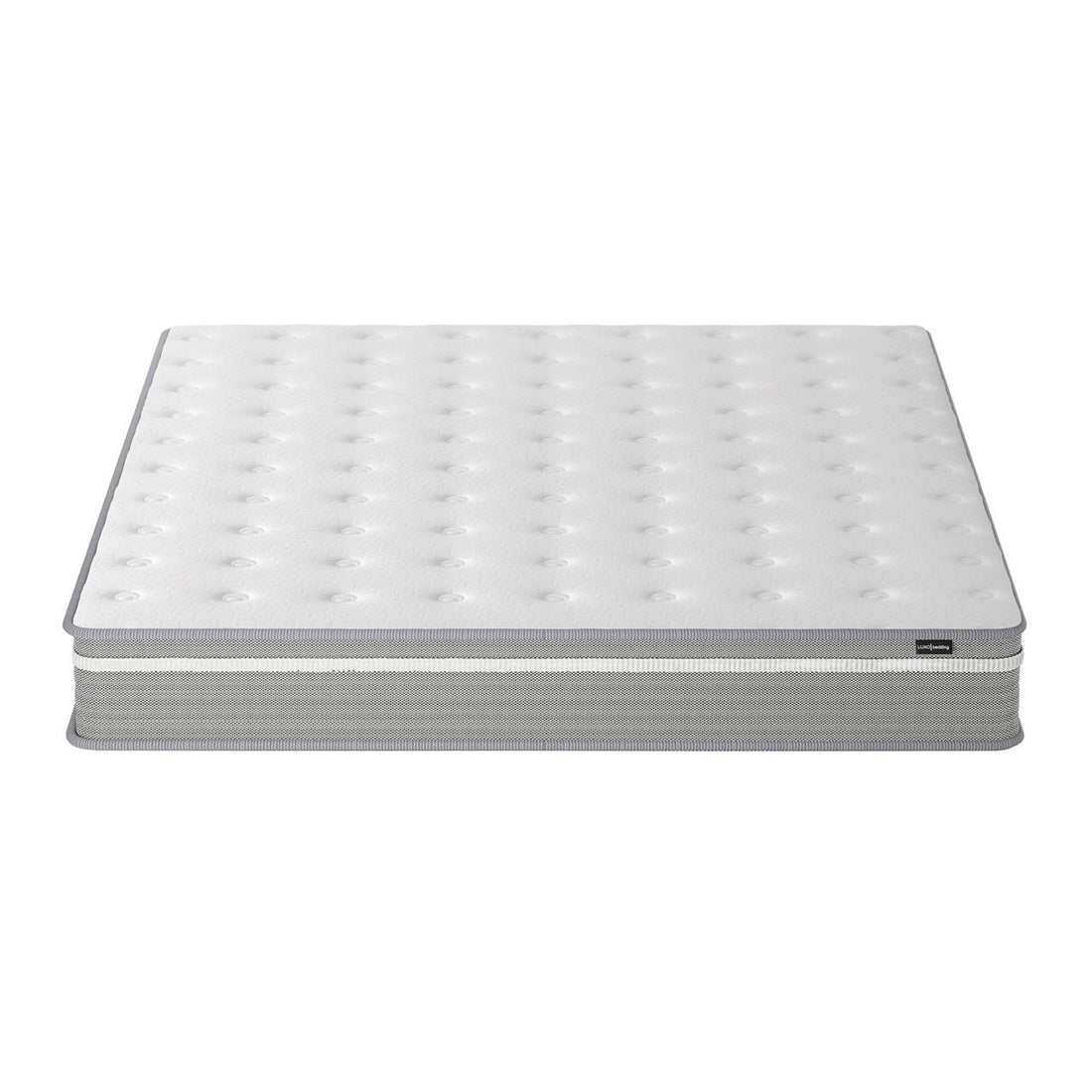 Ginnie Boucle Bed & Oriona Mattress - King Cream features a button-tufted mattress on a white background, showcasing elegant design and premium construction for enhanced sleep comfort and style.
