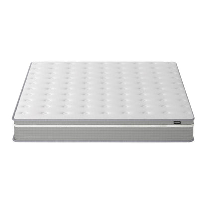 Ginnie Boucle Bed & Oriona Mattress - King Cream features a button-tufted mattress on a white background, showcasing elegant design and premium construction for enhanced sleep comfort and style.