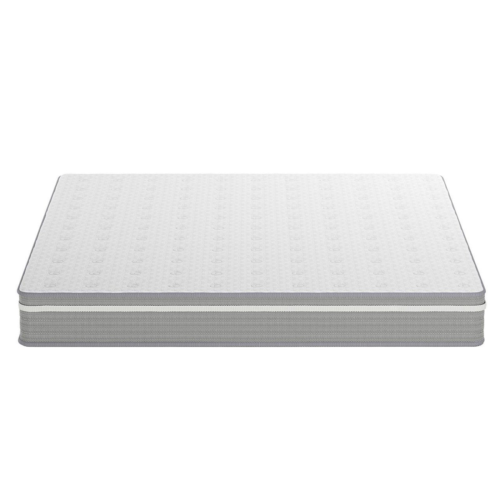 Ginnie Boucle Bed & Oriona Mattress - King Cream features a textured white patterned mattress atop a sleek, modern bed frame, emphasizing plush comfort and contemporary design.