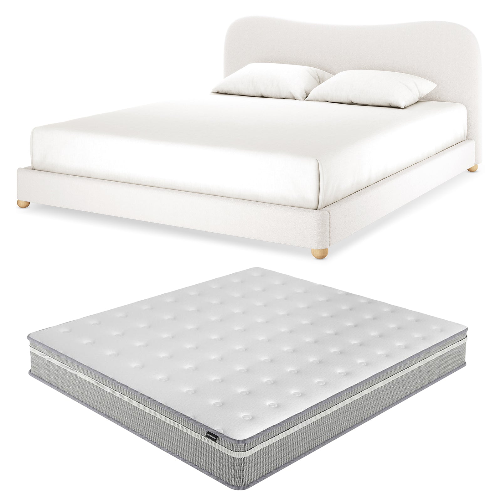 Ginnie Boucle Bed & Oriona Mattress - Super King features a cream white bouclé bed frame with a plush curved headboard and matching mattress, showcasing a modern, comfortable bedroom setting.
