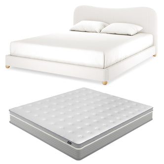Ginnie Boucle Bed & Oriona Mattress - Super King features a cream white bouclé bed frame with a plush curved headboard and matching mattress, showcasing a modern, comfortable bedroom setting.