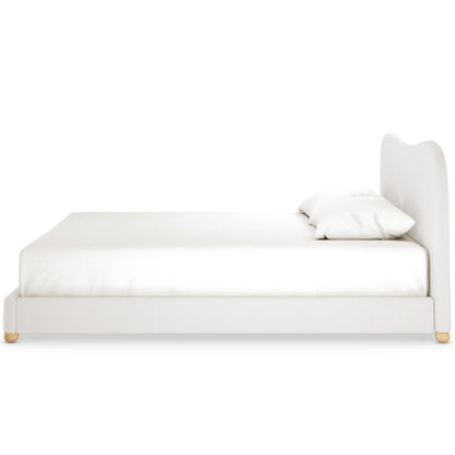 Ginnie Boucle Bed & Oriona Mattress - Super King, showcasing a luxurious white bouclé bed frame with a curved headboard and a plush mattress atop, emphasizing comfort and modern design.