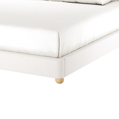 Ginnie Boucle Bed & Oriona Mattress - Super King, showcasing the plush curved headboard and luxurious bouclé fabric, paired with a supportive Oriona mattress featuring cool gel memory foam and pocket springs.