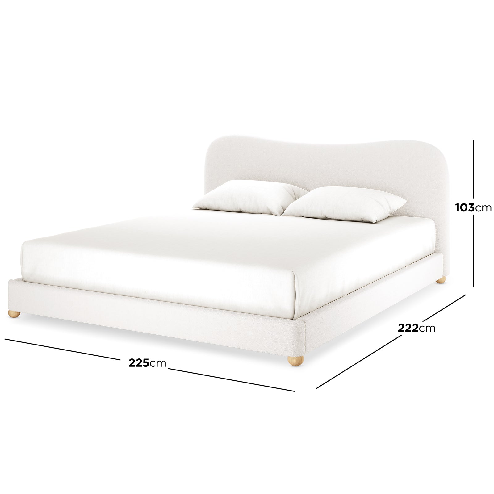 Ginnie Boucle Bed & Oriona Mattress - Super King features a plush curved headboard and a thick mattress, showcasing luxurious bouclé fabric and supportive design on a white surface, enhancing bedroom elegance.