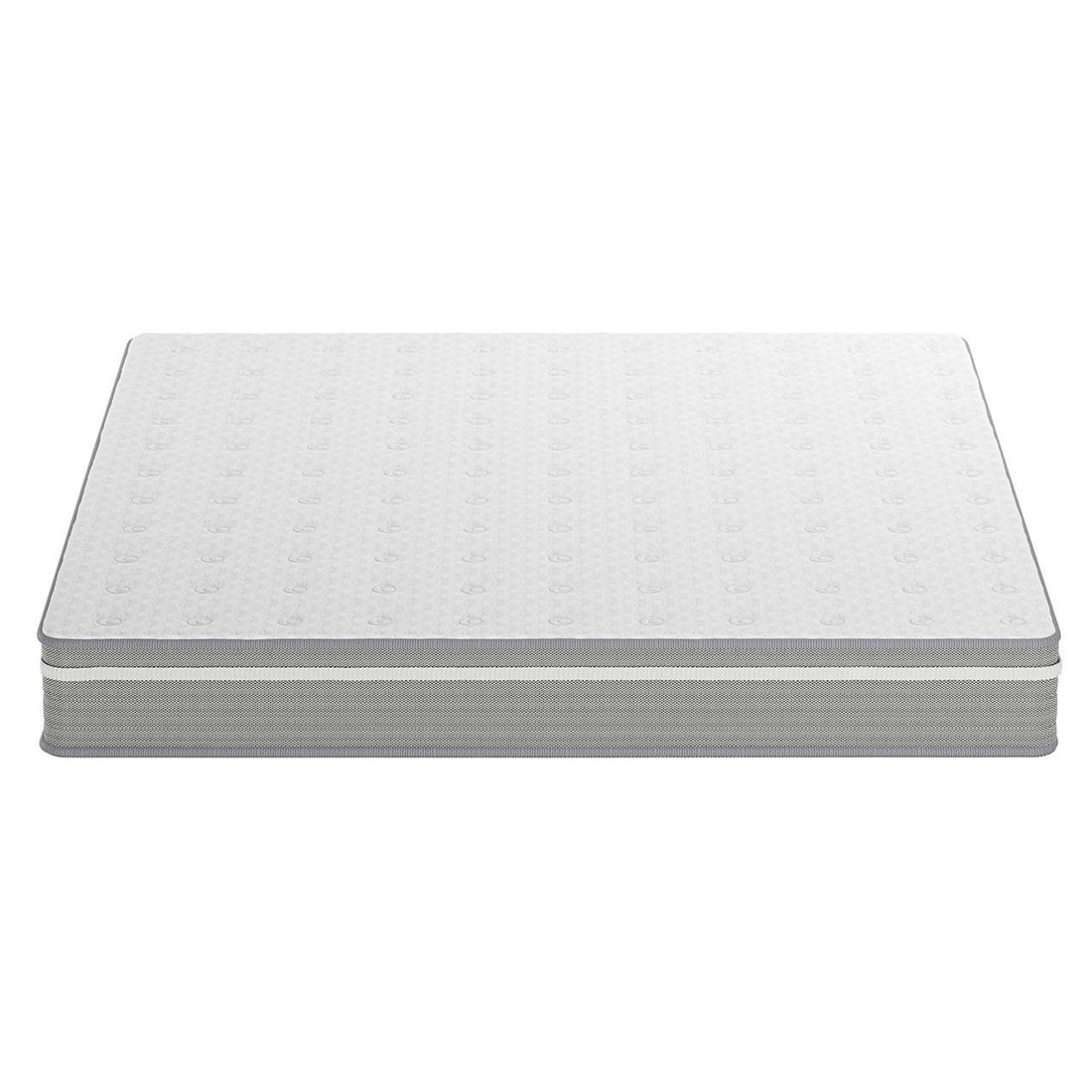 Ginnie Boucle Bed & Oriona Mattress - Super King features a white mattress with black stripes on a white background, showcasing its sleek design and luxurious comfort for a restful sleep experience.