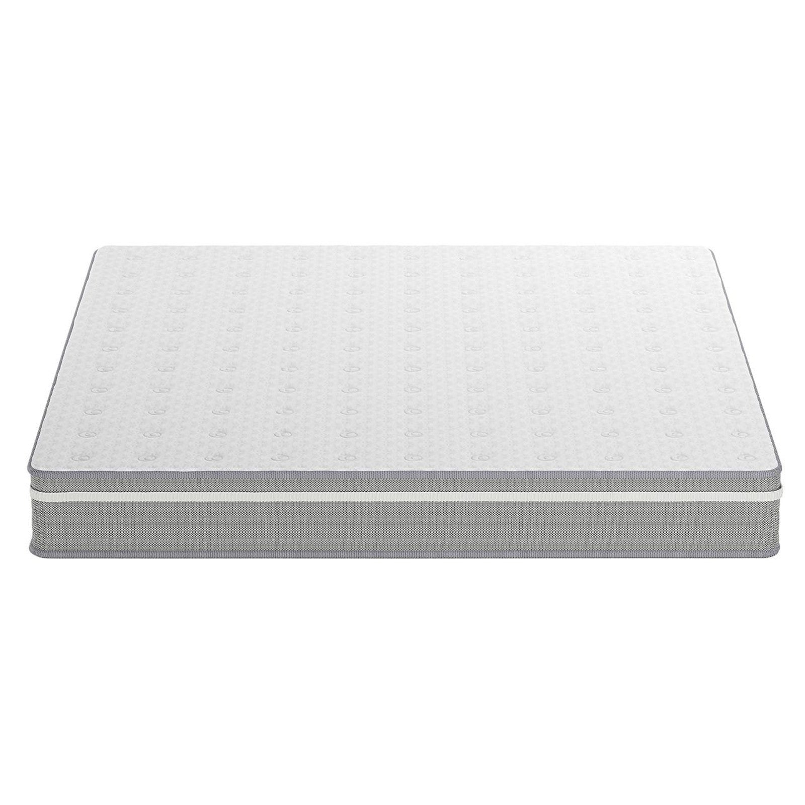 Ginnie Boucle Bed & Oriona Mattress - Super King features a white mattress with black stripes on a white background, showcasing its sleek design and luxurious comfort for a restful sleep experience.