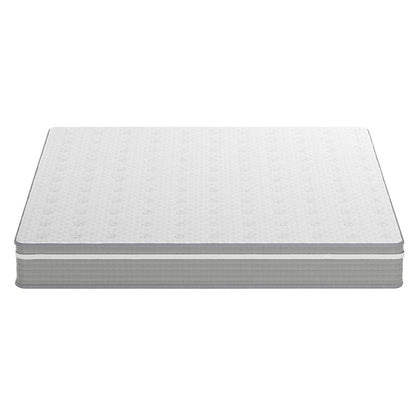 Ginnie Boucle Bed & Oriona Mattress - Super King features a white mattress with black stripes on a white background, showcasing its sleek design and luxurious comfort for a restful sleep experience.