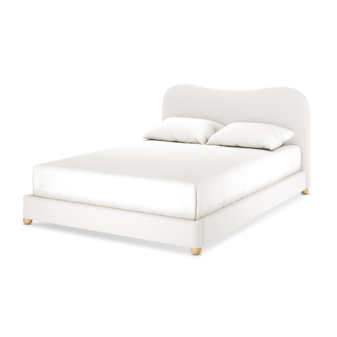 Ginnie Bouclé Curved Queen Bed Frame – Cream White, featuring a low-profile upholstered platform, softly curved headboard, and plush bouclé fabric, designed for modern elegance and comfort.