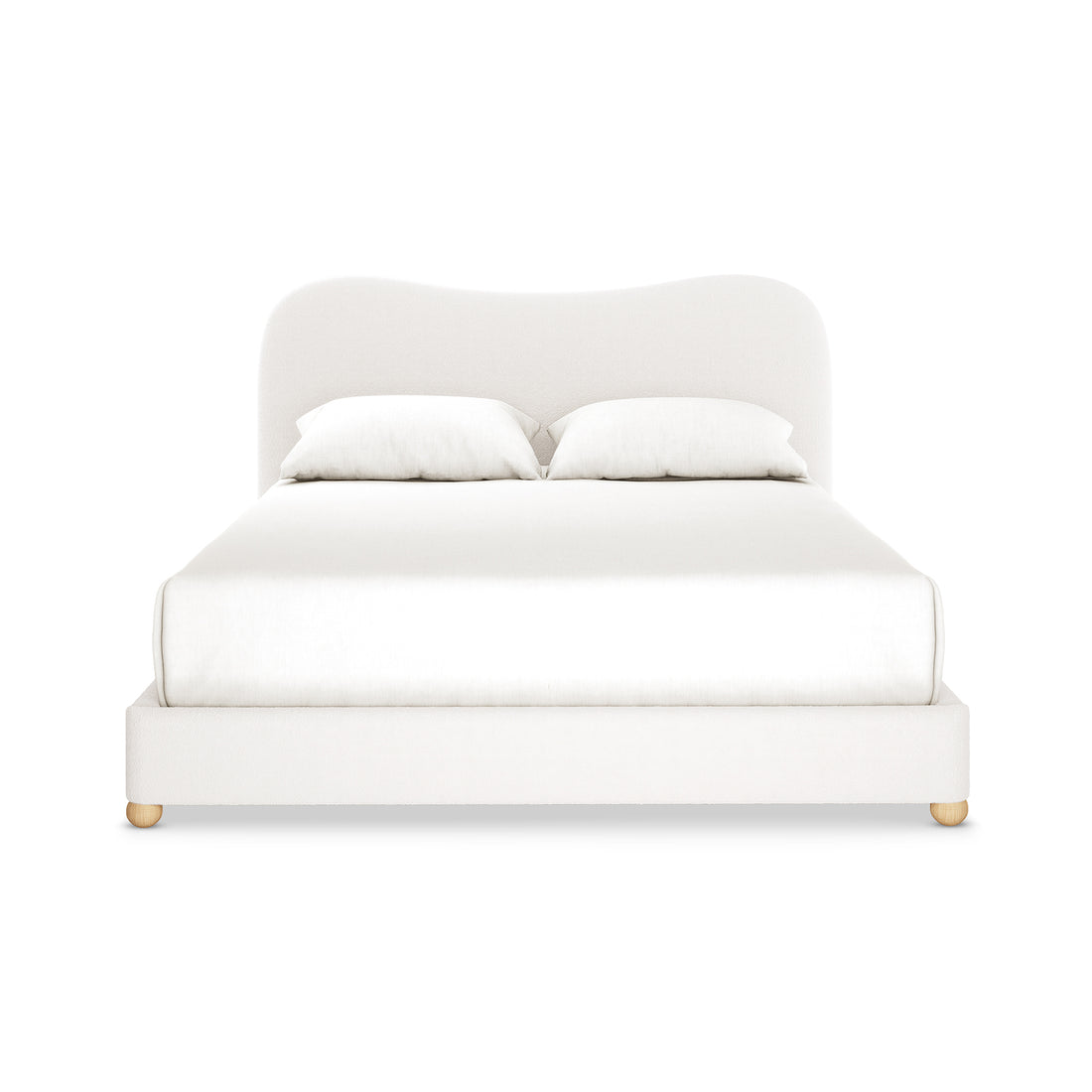 Ginnie Bouclé Curved Queen Bed Frame - Cream White features an off-white upholstered platform with a curved headboard, white bedding, two pillows, and short wooden legs, exuding modern elegance and comfort.