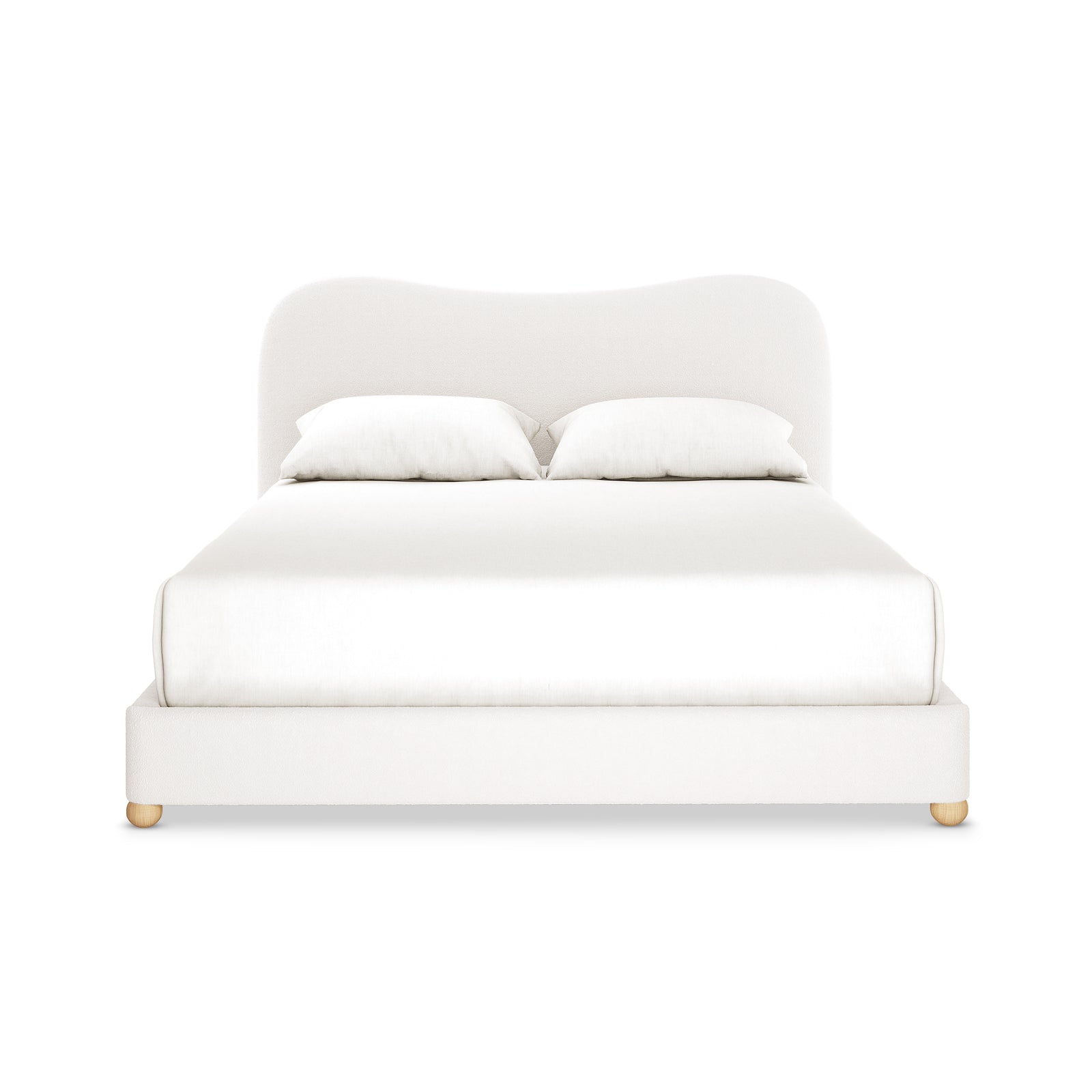 Ginnie Bouclé Curved Queen Bed Frame - Cream White features an off-white upholstered platform with a curved headboard, white bedding, two pillows, and short wooden legs, exuding modern elegance and comfort.