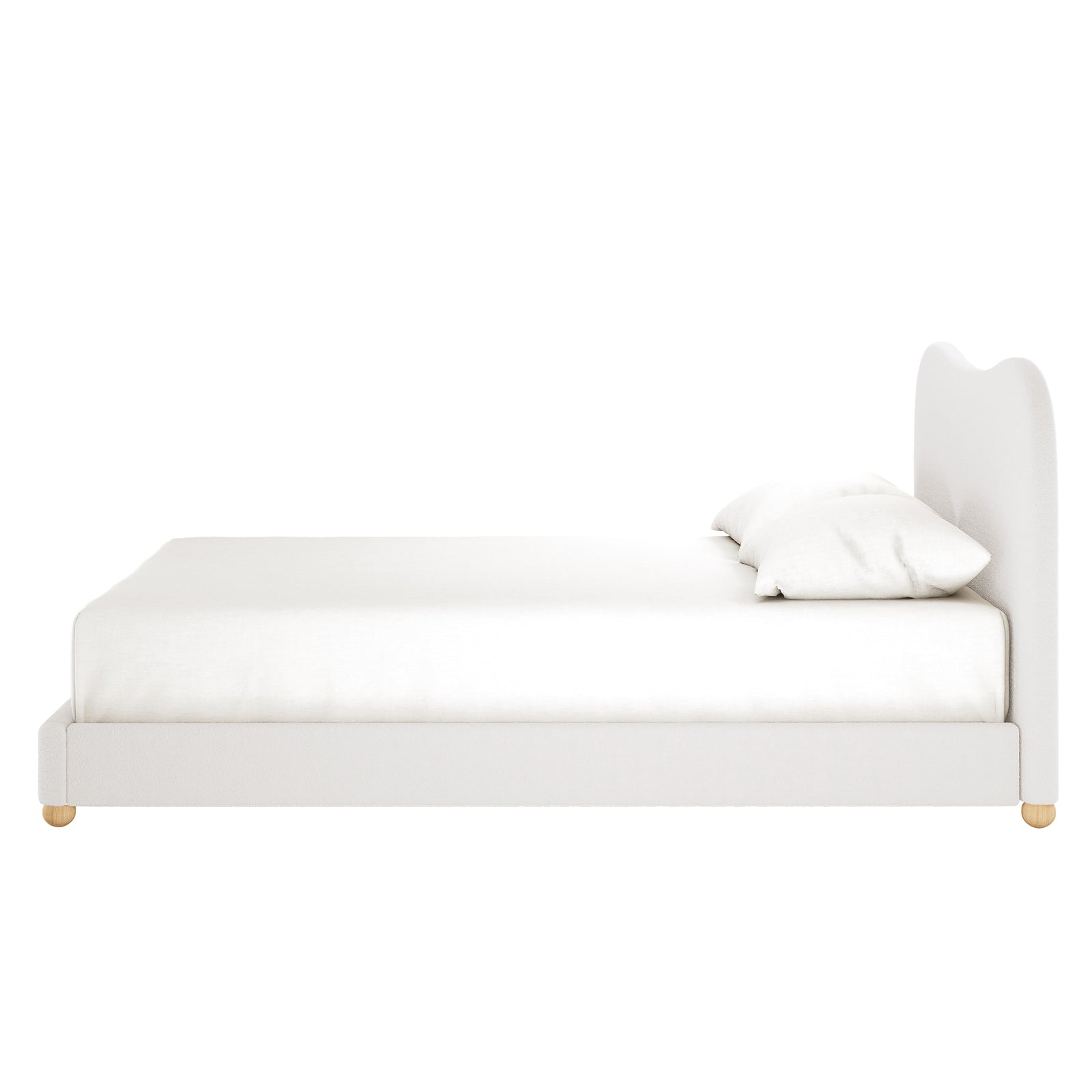 Ginnie Bouclé Curved Queen Bed Frame in Cream White, featuring a minimalist low-profile design with a curved headboard, upholstered in bouclé fabric, resting on small wooden legs.
