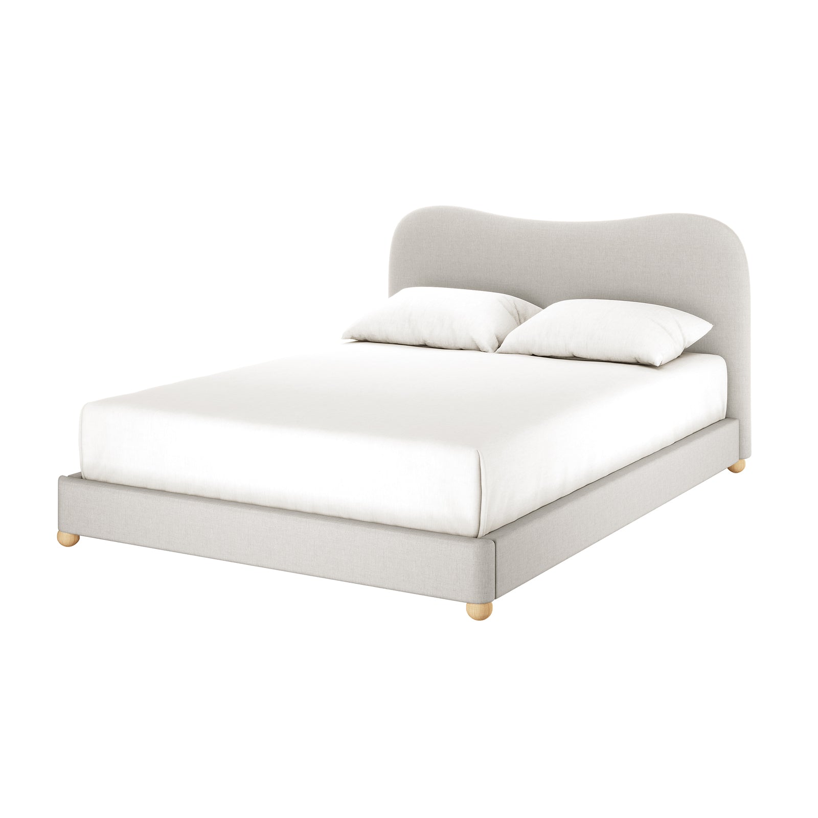Ginnie Linen Curved Queen Bed Frame - Grey, featuring a softly curved headboard, upholstered in premium linen, white bedding and pillows, set on a white background, showcasing modern elegance and comfort.