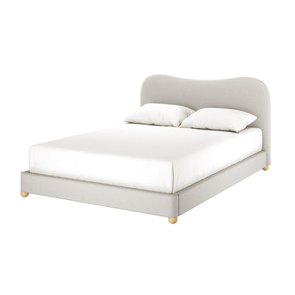 Ginnie Linen Curved Queen Bed Frame - Grey, featuring a softly curved headboard, upholstered in premium linen, white bedding and pillows, set on a white background, showcasing modern elegance and comfort.