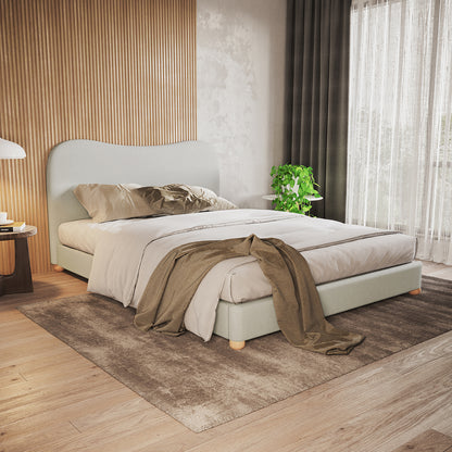 Ginnie Linen Curved Queen Bed Frame - Grey: Showcased in a serene bedroom corner, featuring a plush curved headboard, premium linen upholstery, and solid timber legs on a natural wood floor.