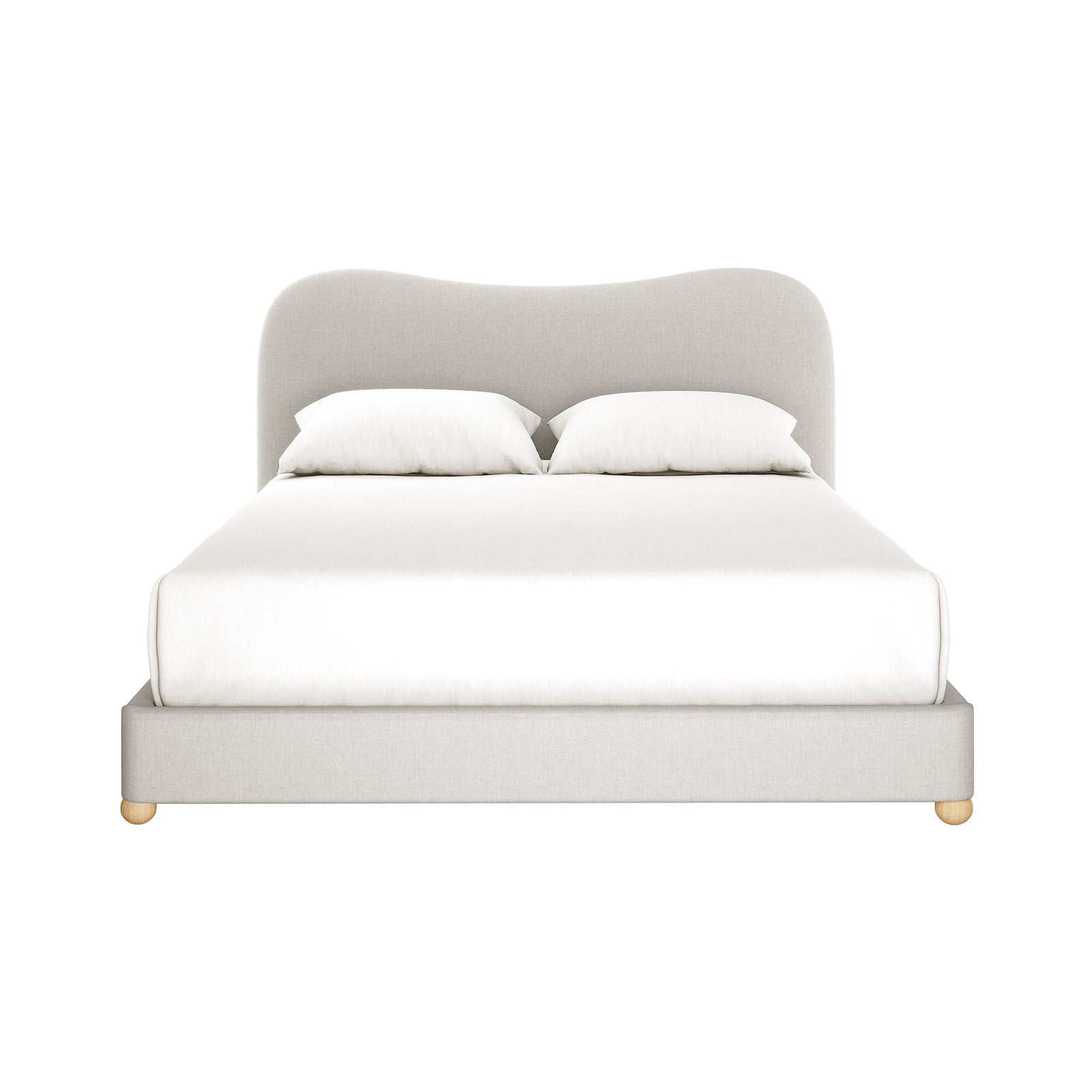 Ginnie Linen Curved Queen Bed Frame - Grey features a curved fabric headboard, white mattress, and linens, set against a white background, highlighting its modern elegance and luxurious comfort.