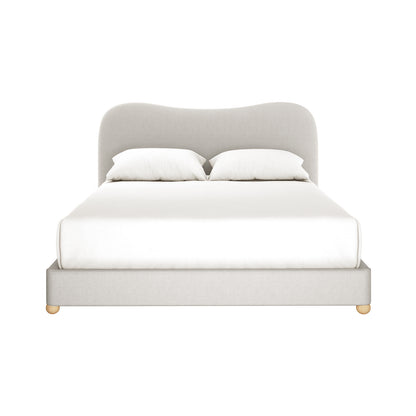 Ginnie Linen Curved Queen Bed Frame - Grey features a curved fabric headboard, white mattress, and linens, set against a white background, highlighting its modern elegance and luxurious comfort.