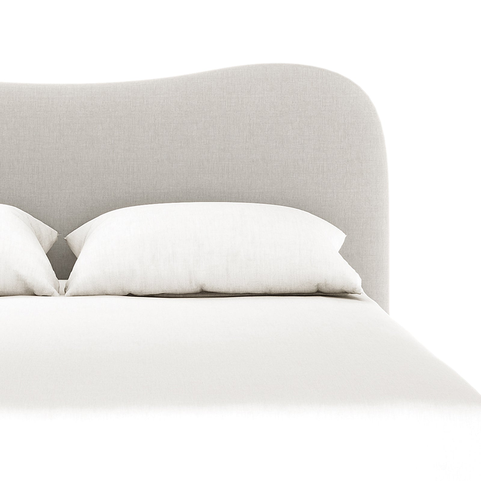 Ginnie Linen Curved Queen Bed Frame - Grey features a light-gray upholstered headboard with two white pillows, complemented by a neatly spread white duvet, embodying modern elegance and comfort.