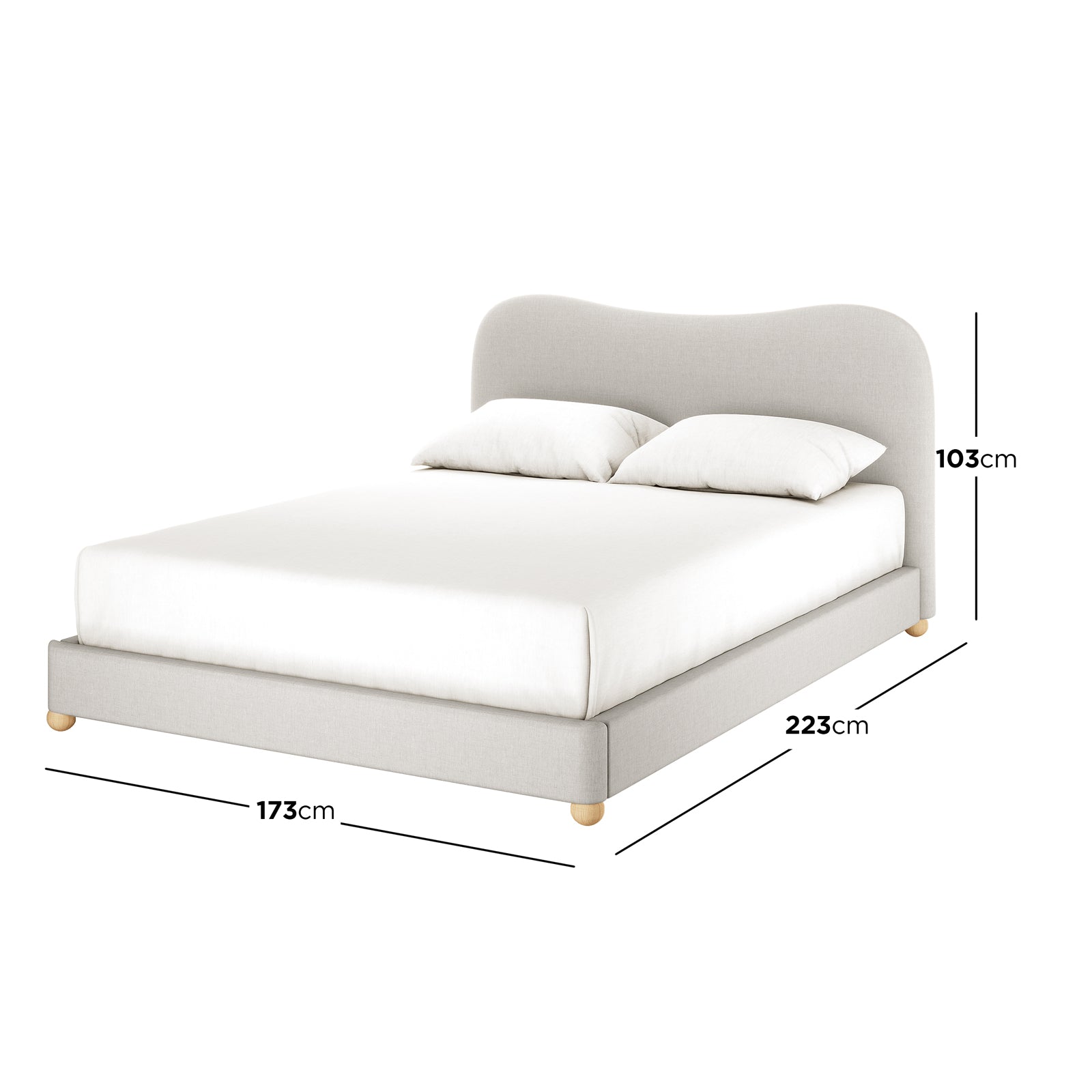 Ginnie Linen Curved Queen Bed Frame - Grey, featuring a low-profile design with a softly curved headboard, white bedding, and two pillows. Dimensions: Width 173cm, Depth 223cm, Headboard height 103cm.