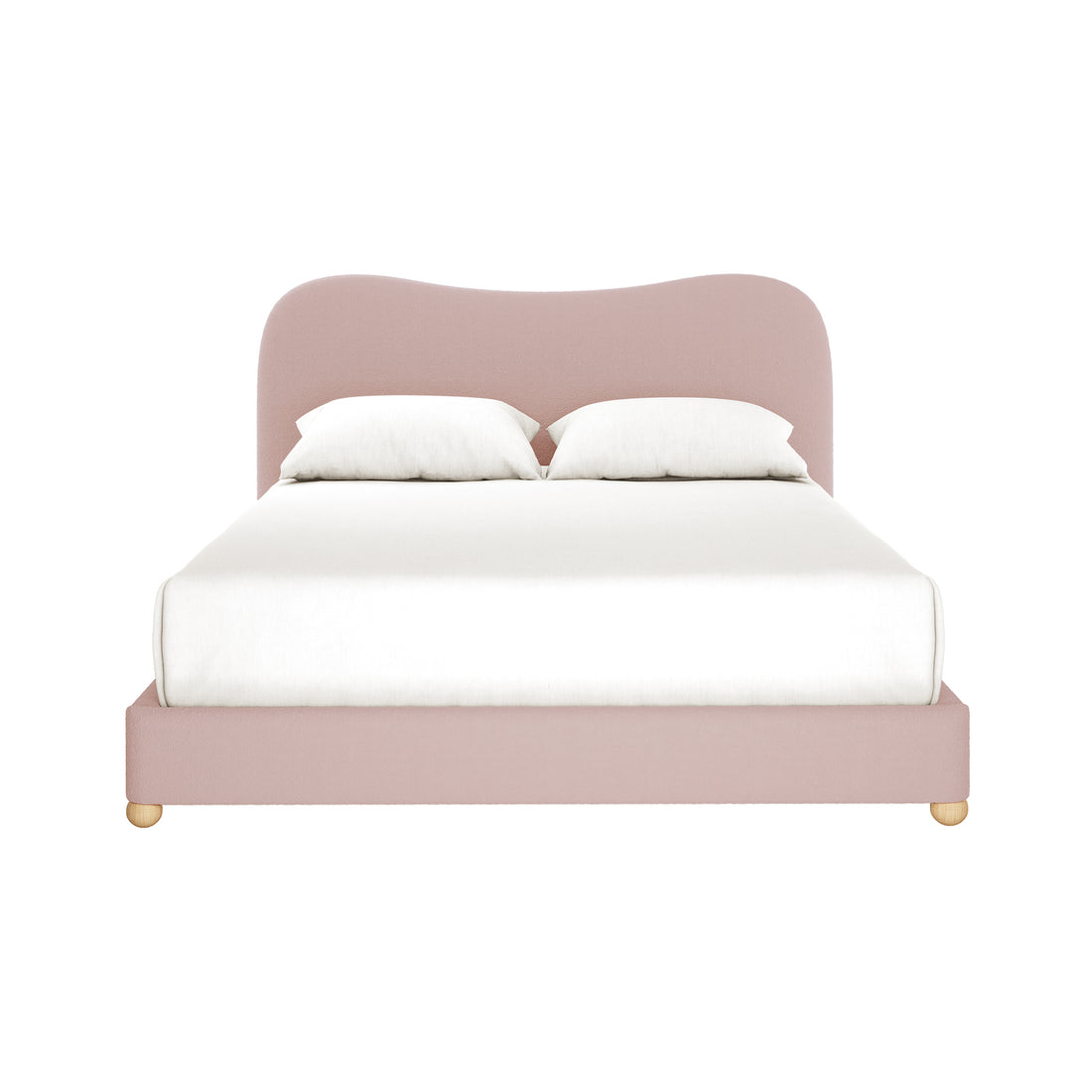 Ginnie Queen Curved Boucle Cloud Bed Frame in Pink, features a plush, blush-pink curved headboard and base, upholstered in bouclé fabric, with a white mattress and pillows, on low wooden feet.