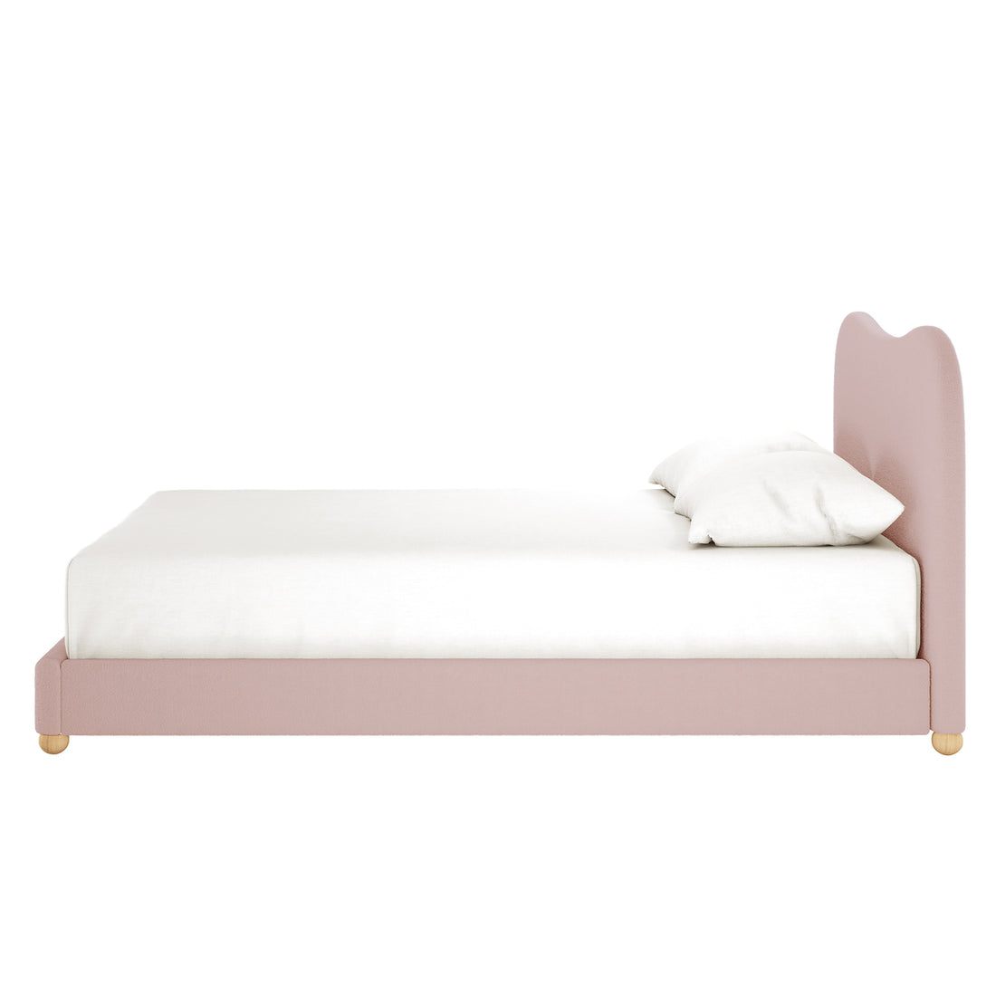 Ginnie Queen Curved Bouclé Cloud Bed Frame in Pink features a softly curved headboard, dusty pink bouclé upholstery, and short wooden legs, with a white mattress cover and pillow.