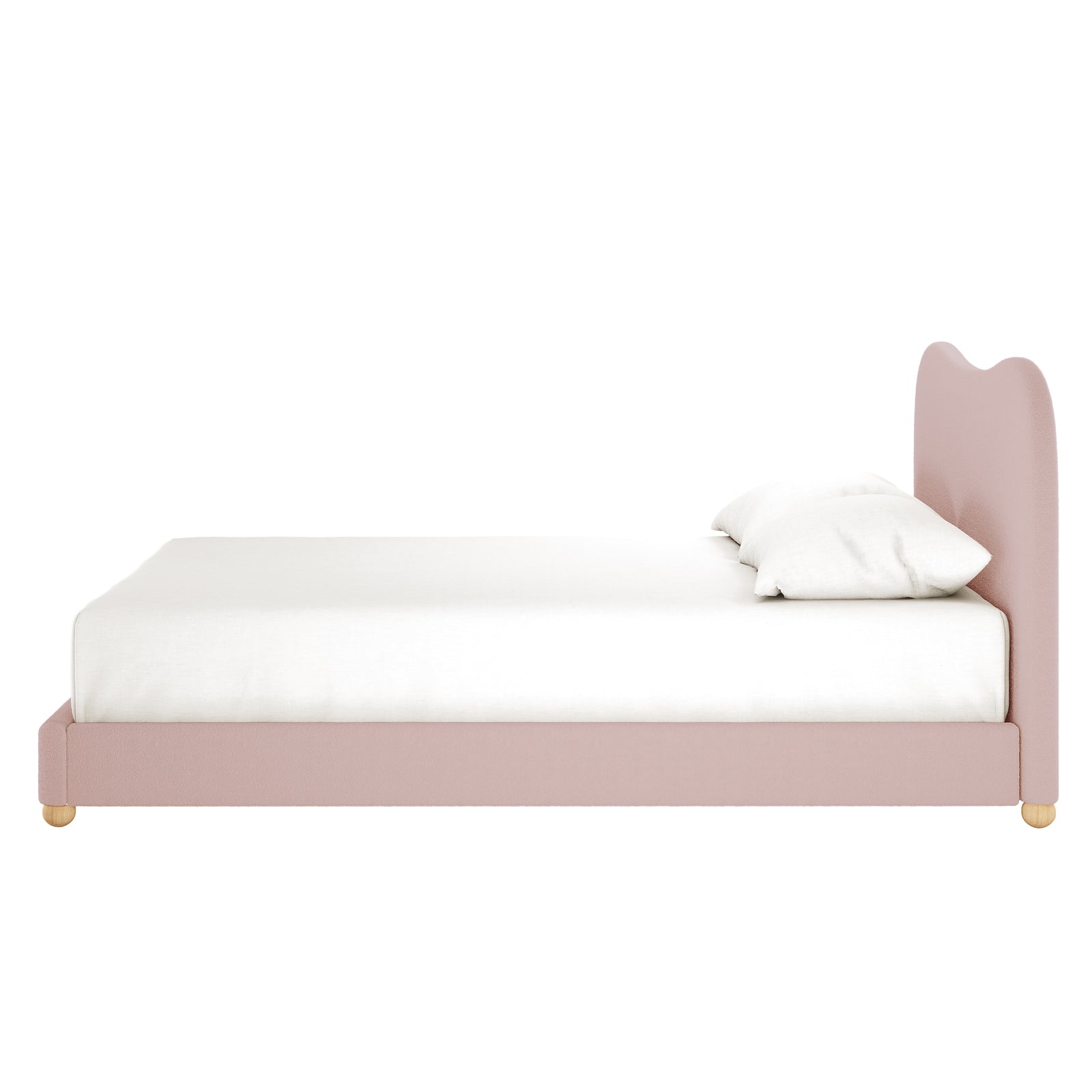 Ginnie Queen Curved Bouclé Cloud Bed Frame in Pink features a softly curved headboard, dusty pink bouclé upholstery, and short wooden legs, with a white mattress cover and pillow.